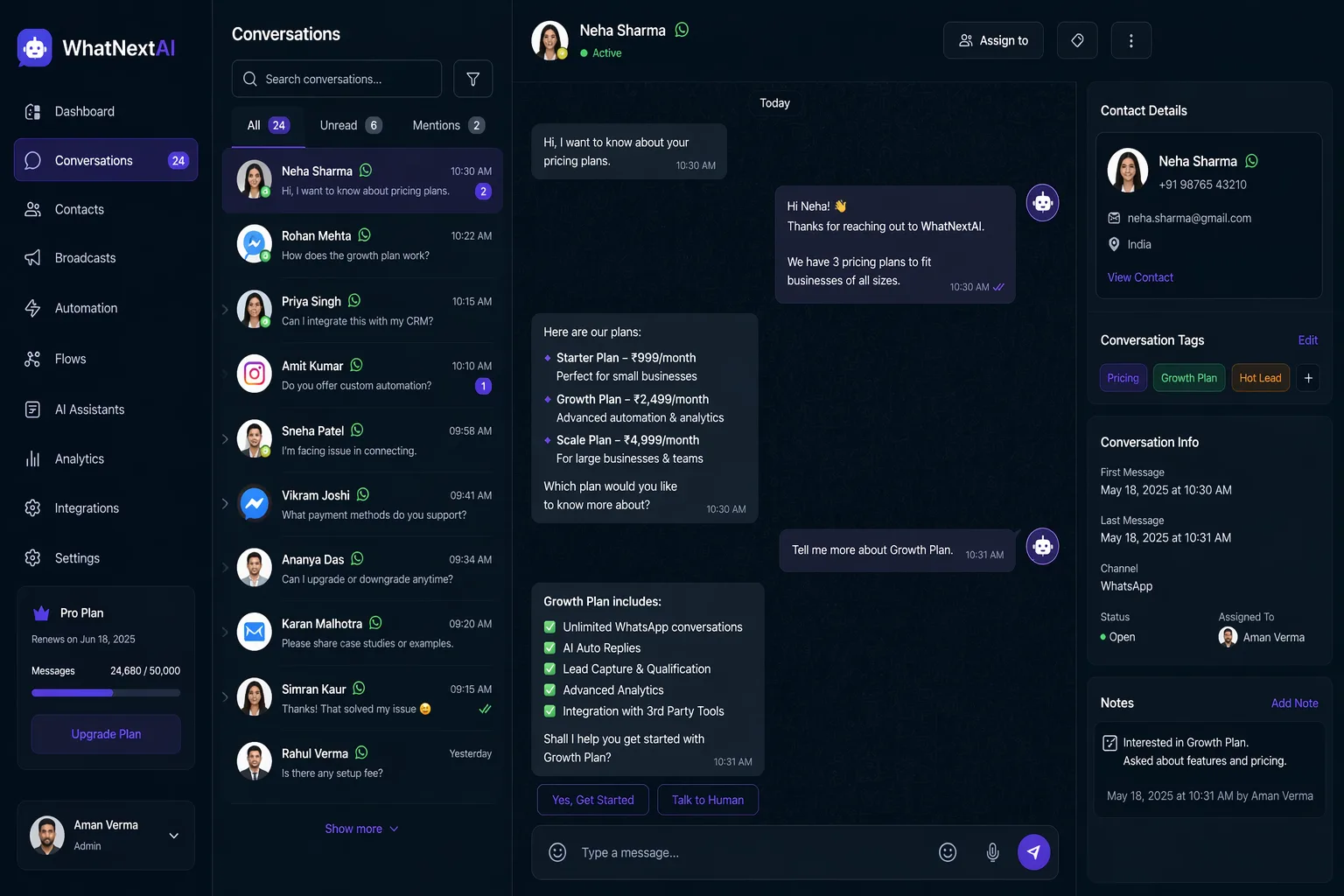 Conversation flow builder showing the onboarding steps and human handoff branch