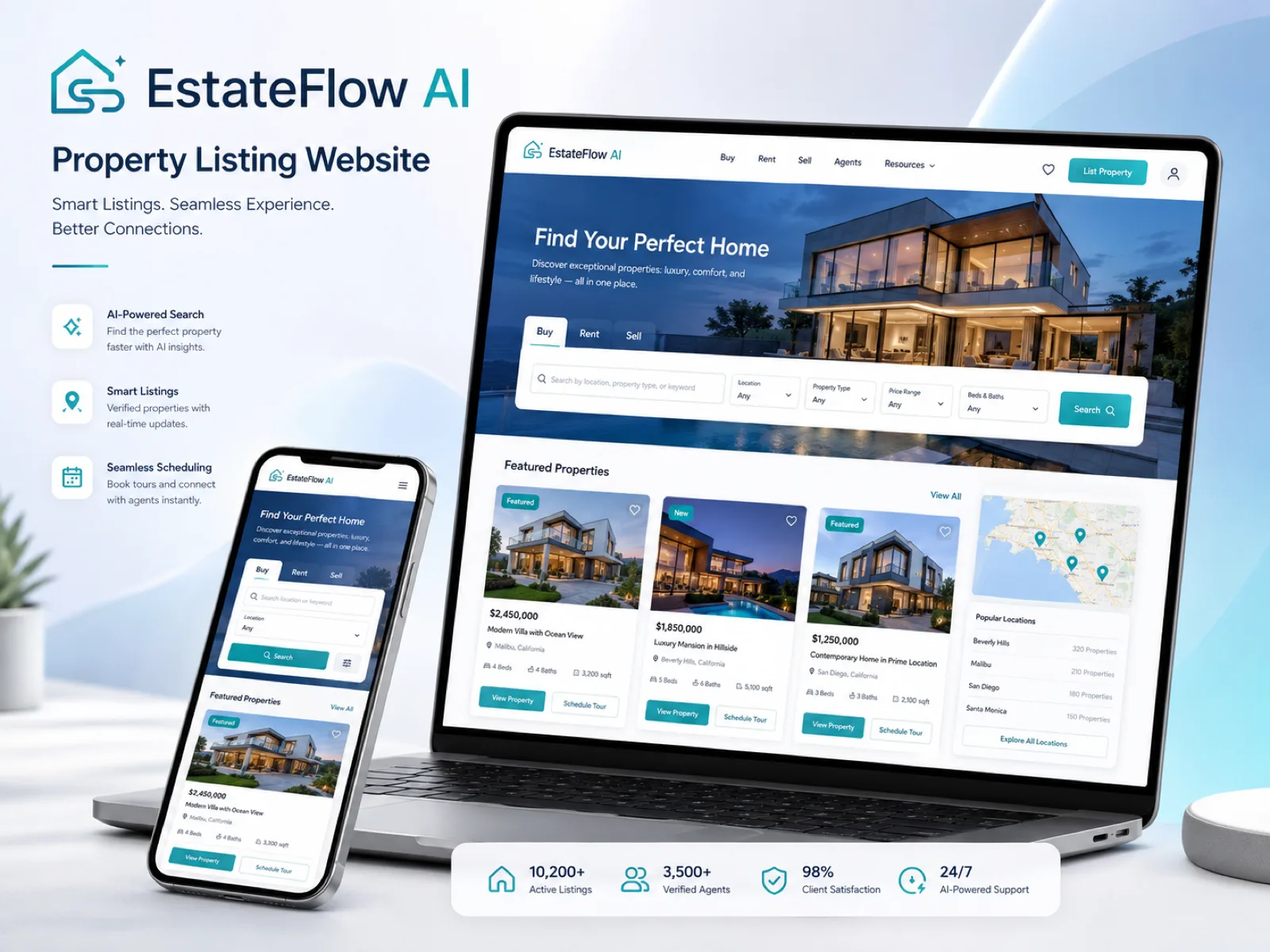 EstateFlow AI property listing website shown on laptop and mobile, with property search filters for location, property type, price range and beds, and a grid of featured property cards