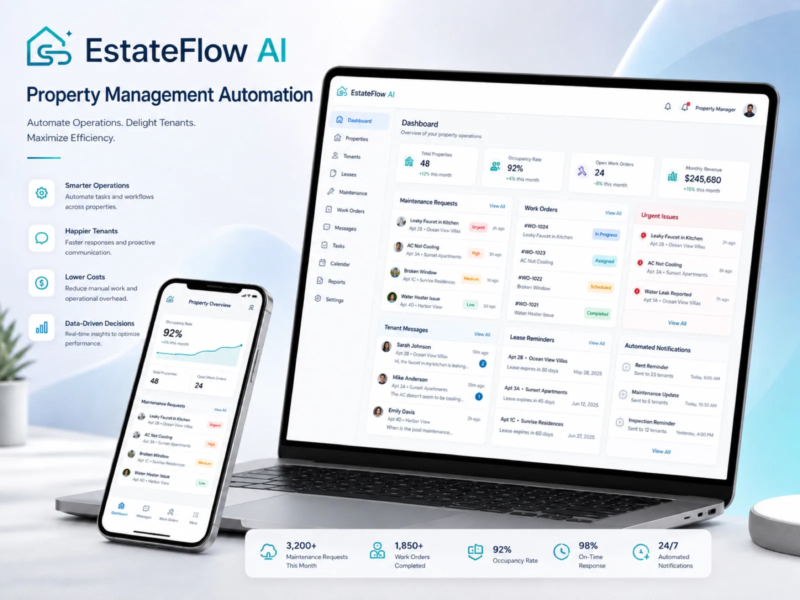 EstateFlow AI listing marketing system generating a property description, social media post and email campaign from property details, alongside a five-step marketing workflow