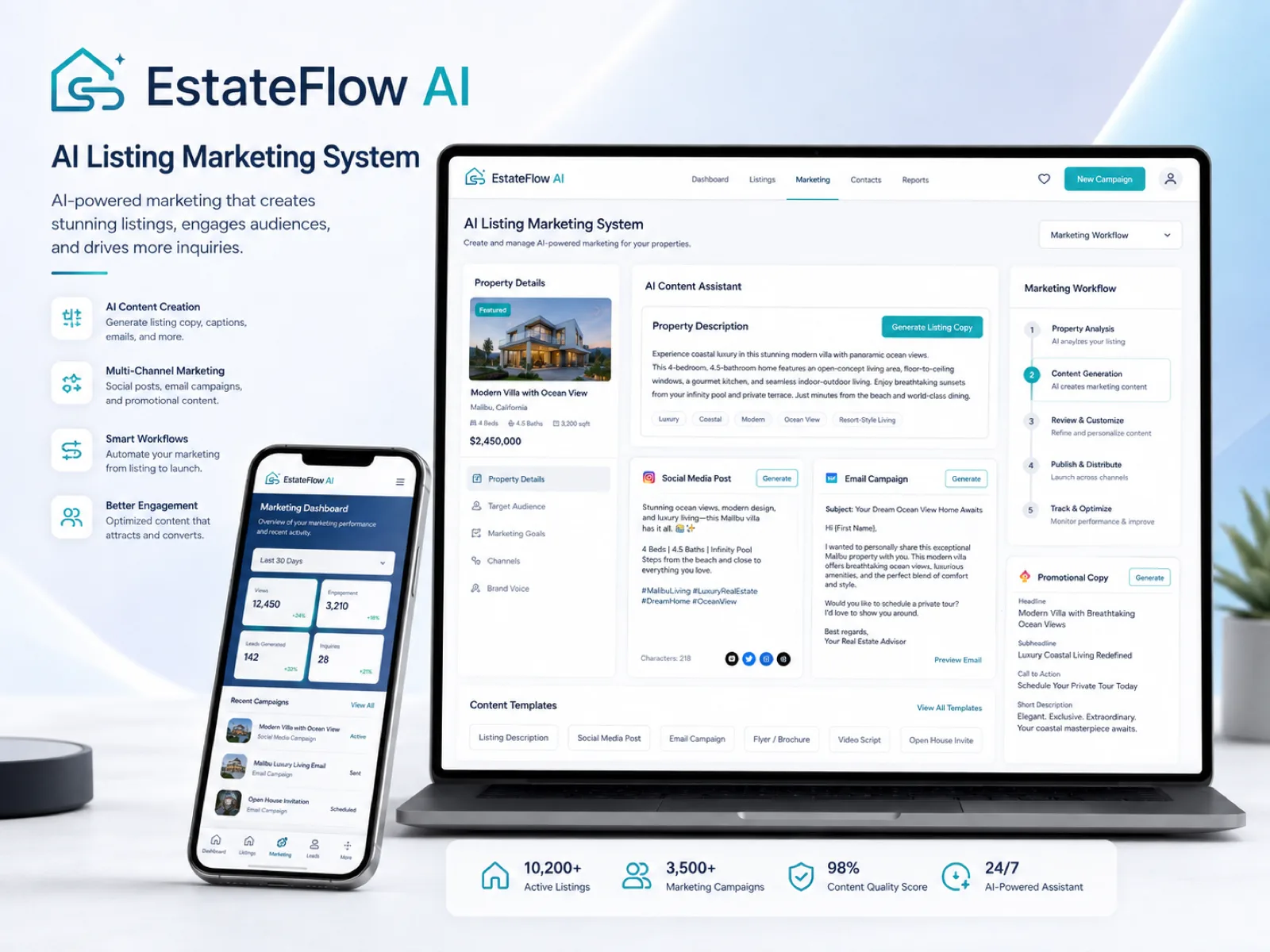 EstateFlow AI property management dashboard showing maintenance requests by priority, work order status tracking, tenant messages, lease renewal reminders and automated notifications